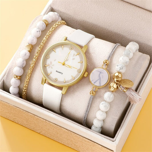 Kit de Relógio Feminino Branco com 4 Pulseiras