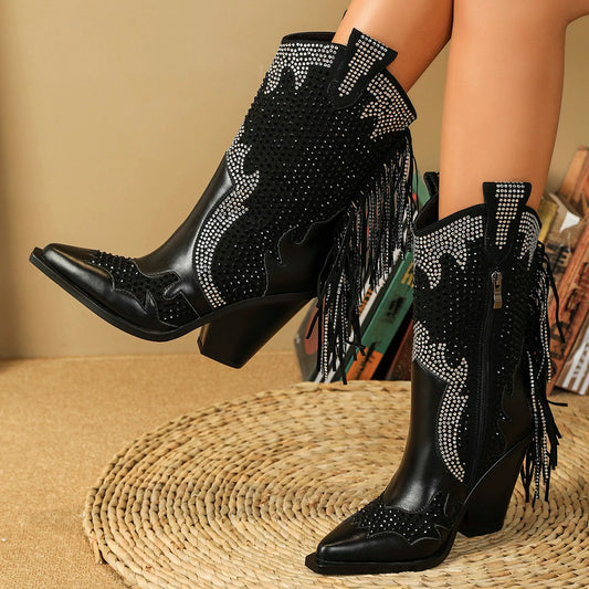 BOTA FERNANDA WESTERN TEXANA PRETA COM PEDRARIAS DONA MISS