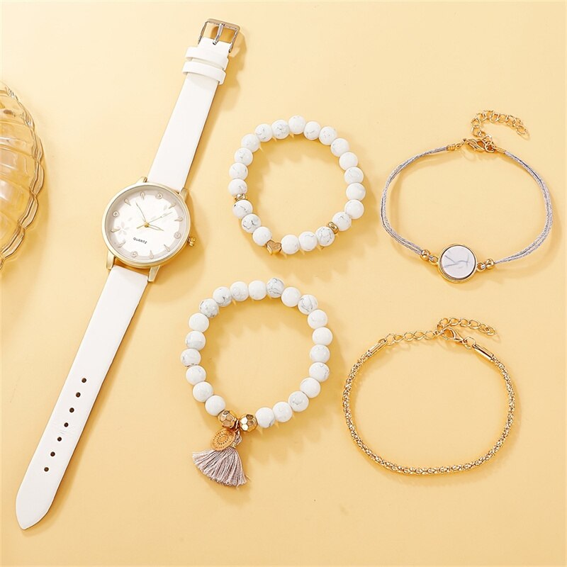 Kit de Relógio Feminino Branco com 4 Pulseiras