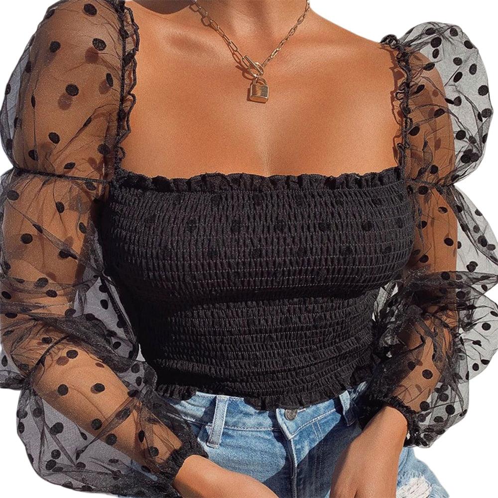 BLUSA FEMININA PÓA MANGAS BUFFANTES TRANSPARENTE PRETO - Dona Miss