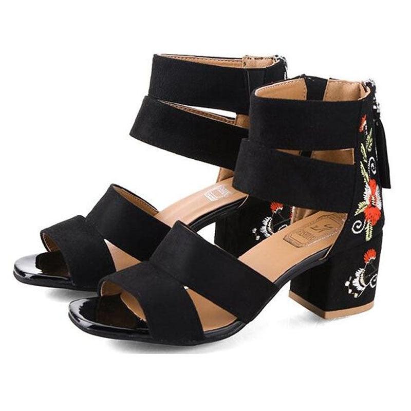 SANDÁLIA FEMININA SALTO GROSSO BORDADA FLORAL - Dona Miss