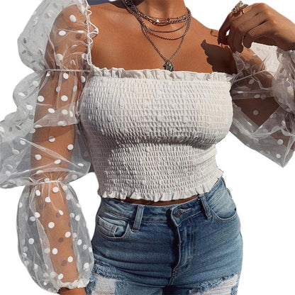 BLUSA FEMININA PÓA MANGAS BUFFANTES TRANSPARENTE BRANCO - Dona Miss